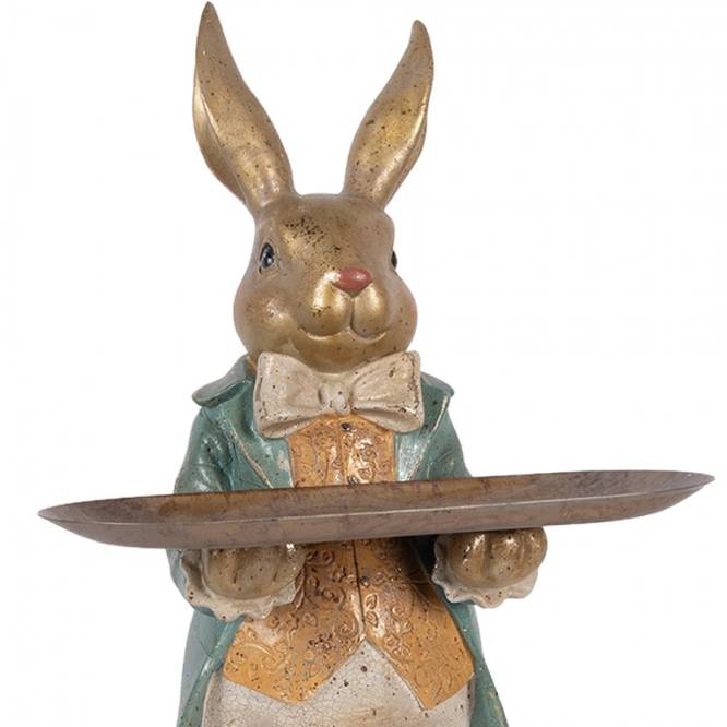 Decoratiune Pasti iepuras elegant cu platou pentru dulciuri, model antichizat, 46 cm