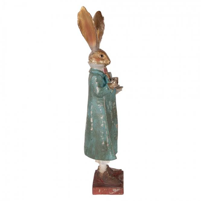 Decoratiune Pasti iepuras elegant cu ceasca, model antichizat, 46 cm