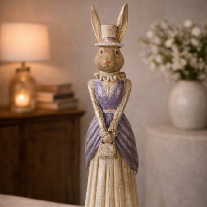 Decoratiune Pasti Doamna Iepuras eleganta cu posetuta, model antichizat, 47 cm