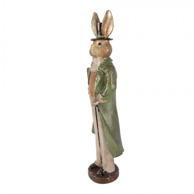 Decoratiune Pasti iepuras elegant cu haina verde si baston, model antichizat, 47 cm