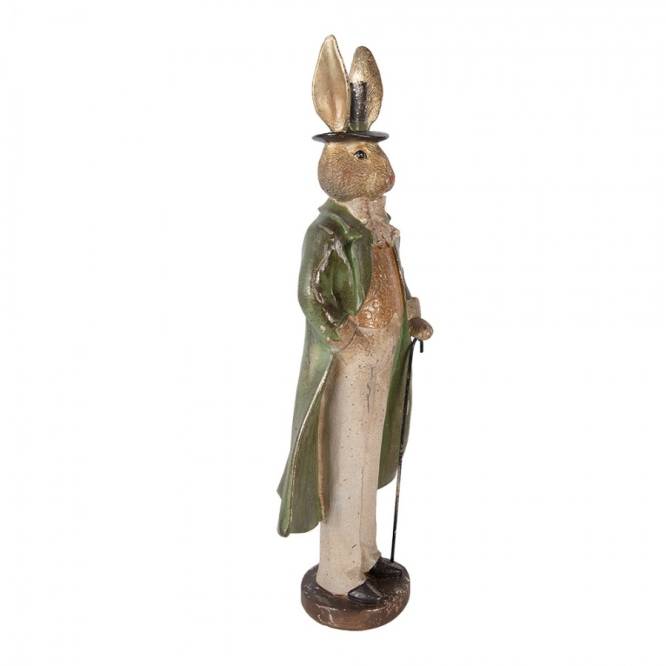 Decoratiune Pasti iepuras elegant cu haina verde si baston, model antichizat, 47 cm