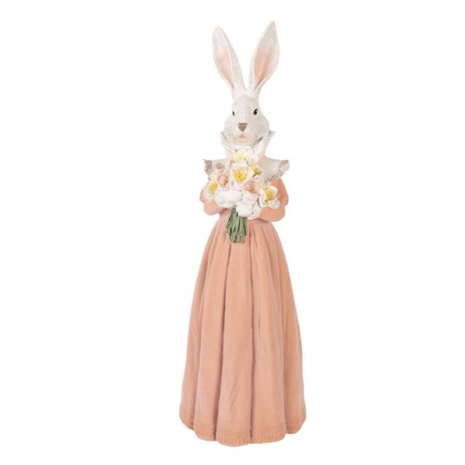 Decoratiune Pasti Doamna Iepuras eleganta cu buchet de flori, 53 cm