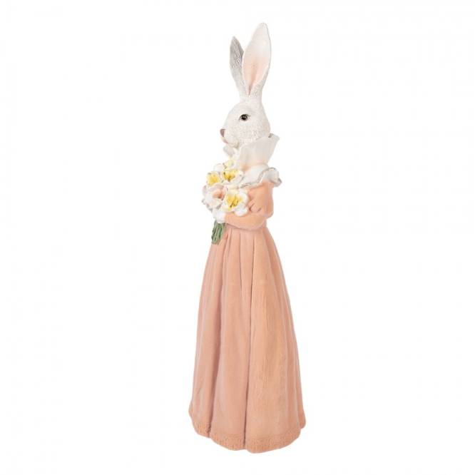 Decoratiune Pasti Doamna Iepuras eleganta cu buchet de flori, 53 cm