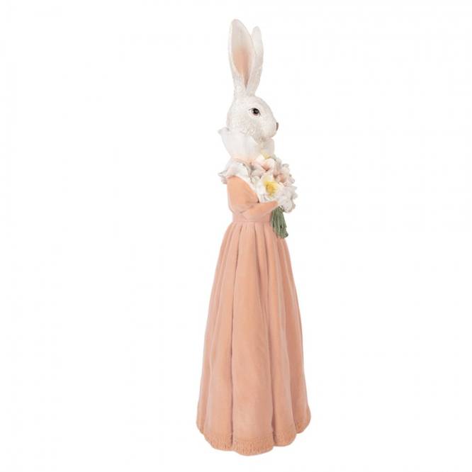 Decoratiune Pasti Doamna Iepuras eleganta cu buchet de flori, 53 cm