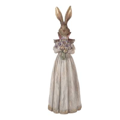 Decoratiune Pasti Doamna Iepuras eleganta cu buchet de flori, model antichizat, 53 cm