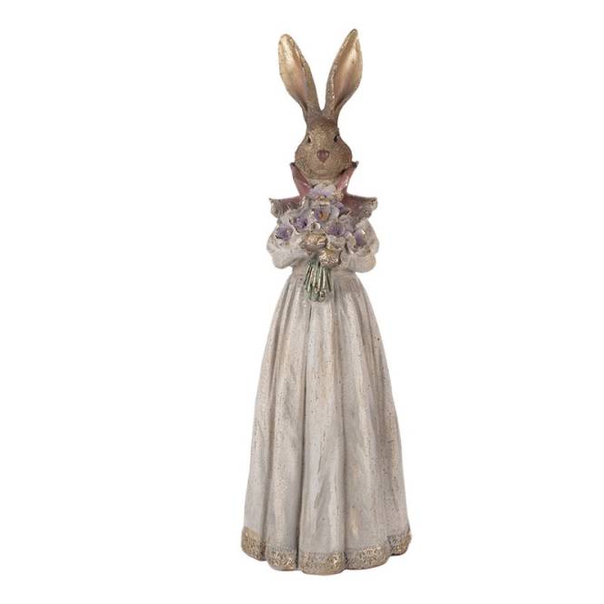 Decoratiune Pasti Doamna Iepuras eleganta cu buchet de flori, model antichizat, 53 cm