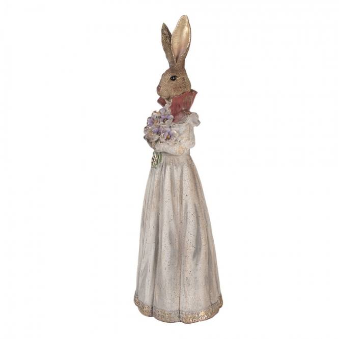 Decoratiune Pasti Doamna Iepuras eleganta cu buchet de flori, model antichizat, 53 cm
