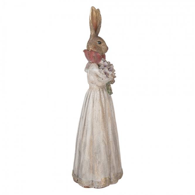 Decoratiune Pasti Doamna Iepuras eleganta cu buchet de flori, model antichizat, 53 cm