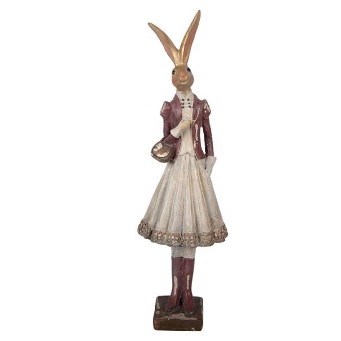 Decoratiune Pasti Domnisoara Iepuras eleganta cu posetuta, model antichizat, 32 cm