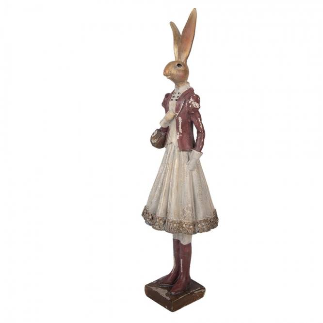 Decoratiune Pasti Domnisoara Iepuras eleganta cu posetuta, model antichizat, 32 cm
