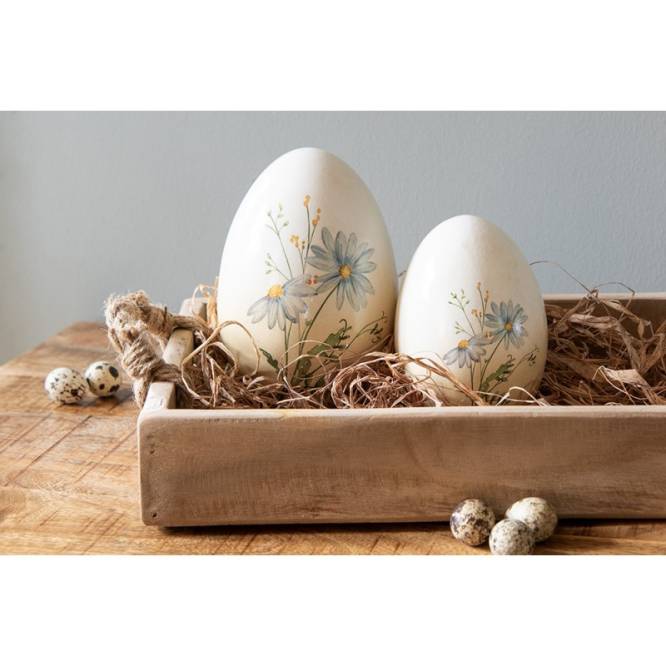 Decoratiune Pasti ou din ceramica cu model cu flori albastre 14 cm