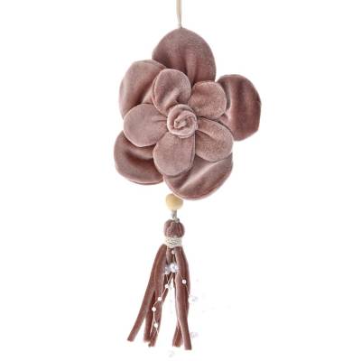 Decoratiune brad floare din catifea roz cu ciucure, 25 cm