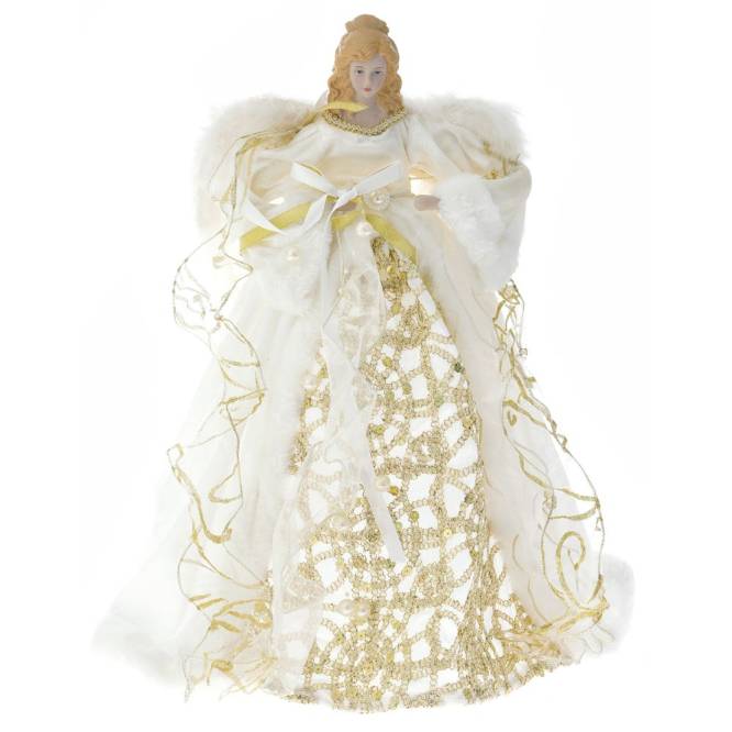 Varf de brad inger, culoare ivory si auriu, 45 cm