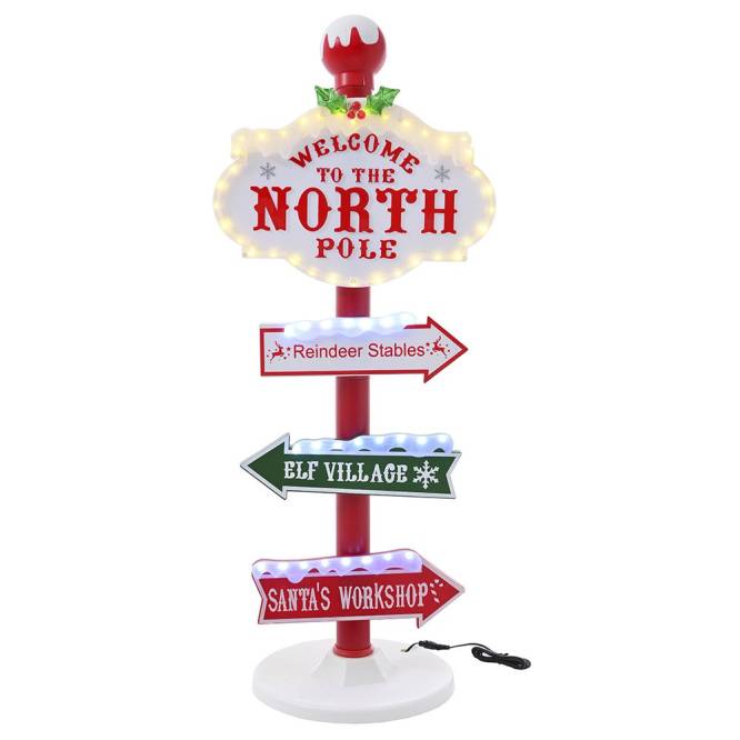 Decoratiune Craciun indicator Polul Nord, muzical, iluminat LED, 95 cm