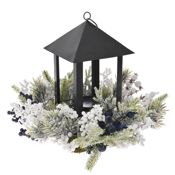Decoratiune Craciun din crengute si bobite albe si albastre, cu suport lumanare, 33 cm
