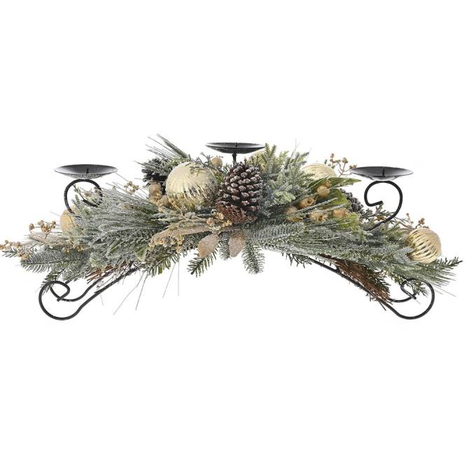 Decoratiune Craciun suport lumanari, cu crengute si globuri aurii, 66 cm