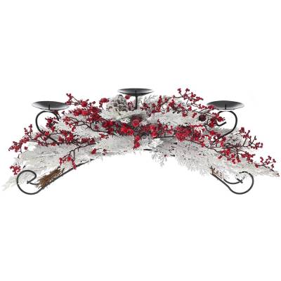 Decoratiune Craciun suport lumanari, cu crengute albe, conuri si fructe de padure rosii, 66 cm