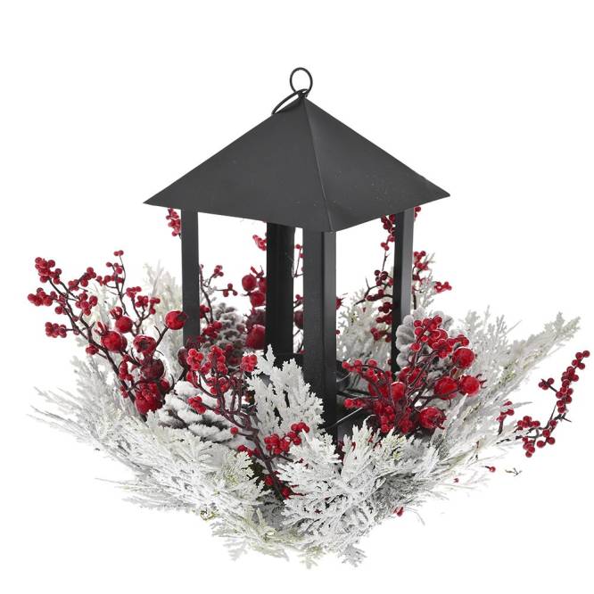 Decoratiune Craciun din crengute albe, conuri si fructe de padure rosii, cu suport lumanare, 33 cm