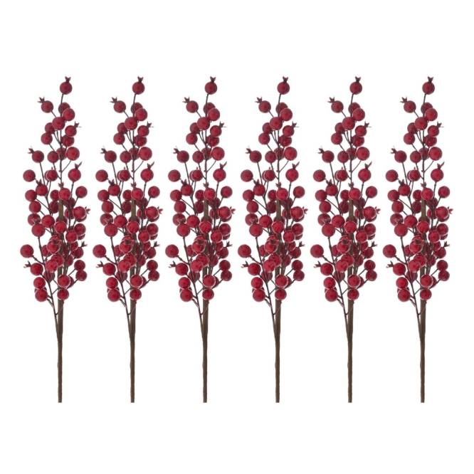 Set 6 decoratiuni brad, crengute cu bobite rosii, 40 cm