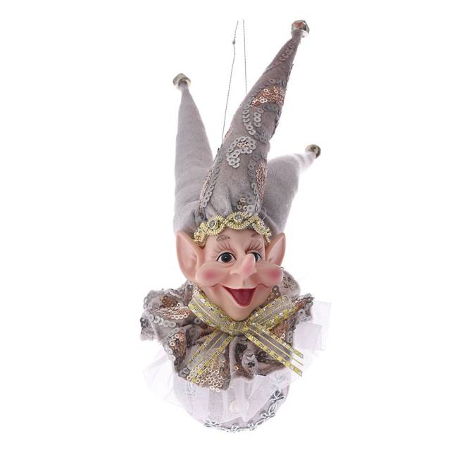 Decoratiune brad glob cu cap de spiridus, culoare champagne, 25 cm