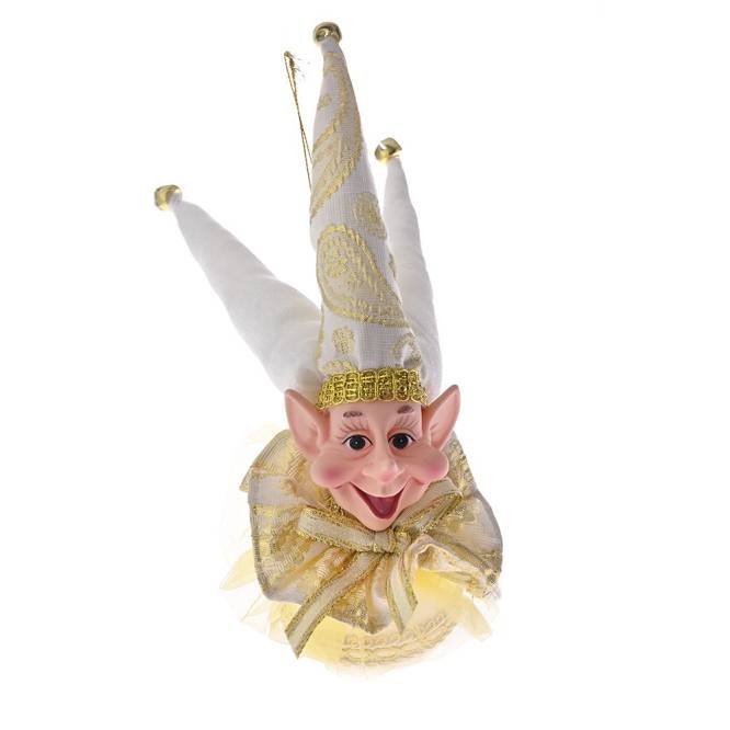 Decoratiune brad glob cu cap de spiridus, culoare alb cu auriu, 25 cm
