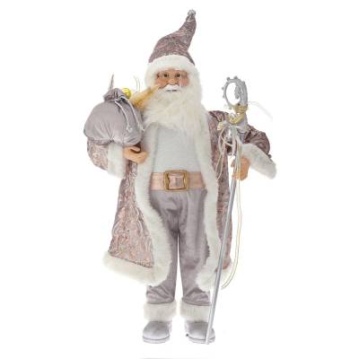 Decoratiune Mos Craciun in costum catifelat roz-champagne, 90 cm