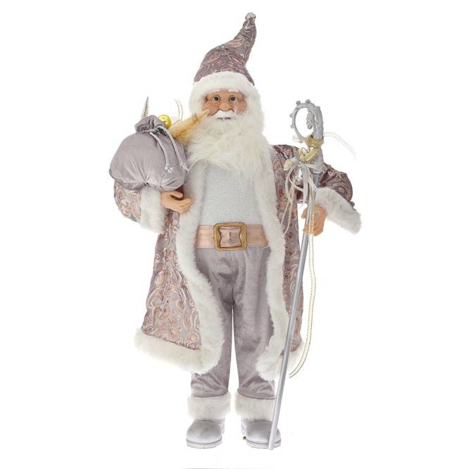 Decoratiune Mos Craciun in costum catifelat roz-champagne, 90 cm