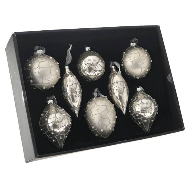 Set 8 globuri din sticla, argintiu-champagne cu sclipici, diametru 5-8 cm