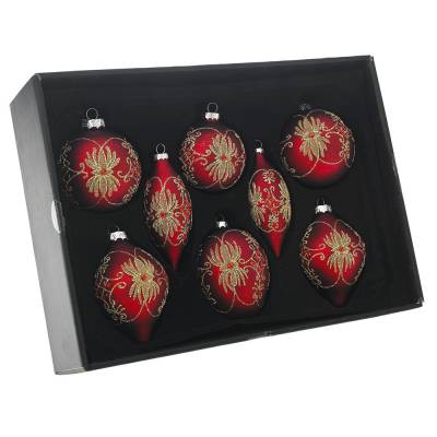 Set 8 globuri din sticla, rosii-mat cu sclipici, diametru 5-8 cm