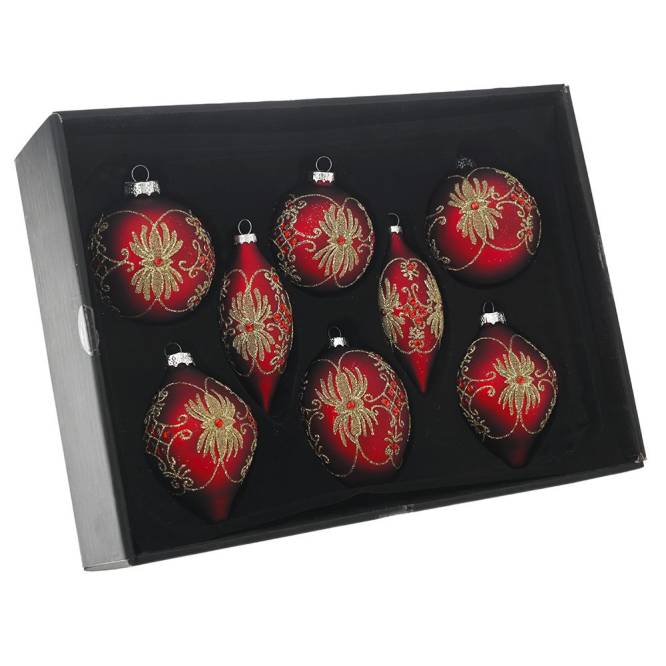 Set 8 globuri din sticla, rosii-mat cu sclipici, diametru 5-8 cm