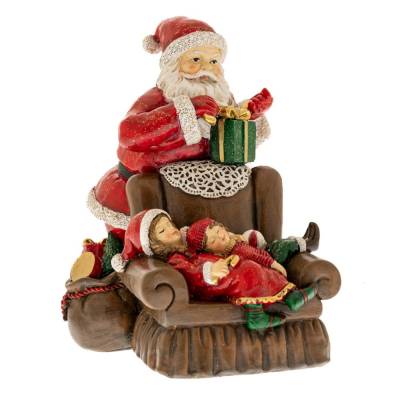 Decoratiune Mos Craciun cu doi copii dormind, polirasina, 18 cm