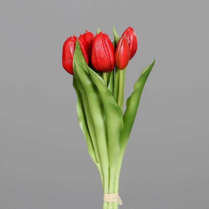 Buchet de 5 lalele artificiale cu aspect real, rosii, 31 cm