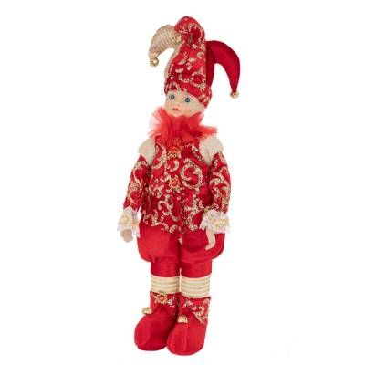 Decoratiune Craciun, bufon in costum rosu cu sclipici, cu muzica si miscare, 50 cm