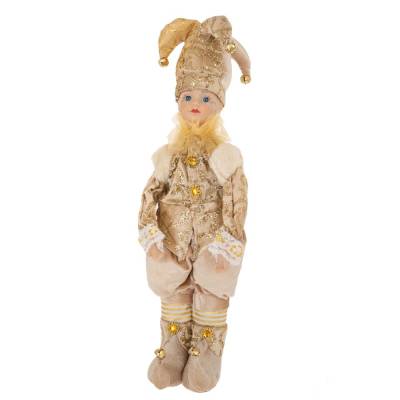 Decoratiune Craciun, bufon in costum bej cu auriu, cu muzica si miscare, 50 cm