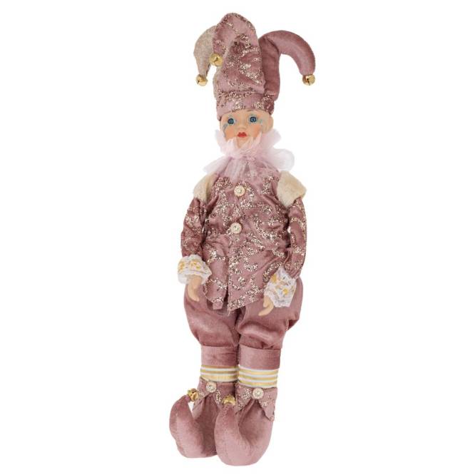 Decoratiune Craciun, bufon in costum roz cu sclipici, cu muzica si miscare, 50 cm