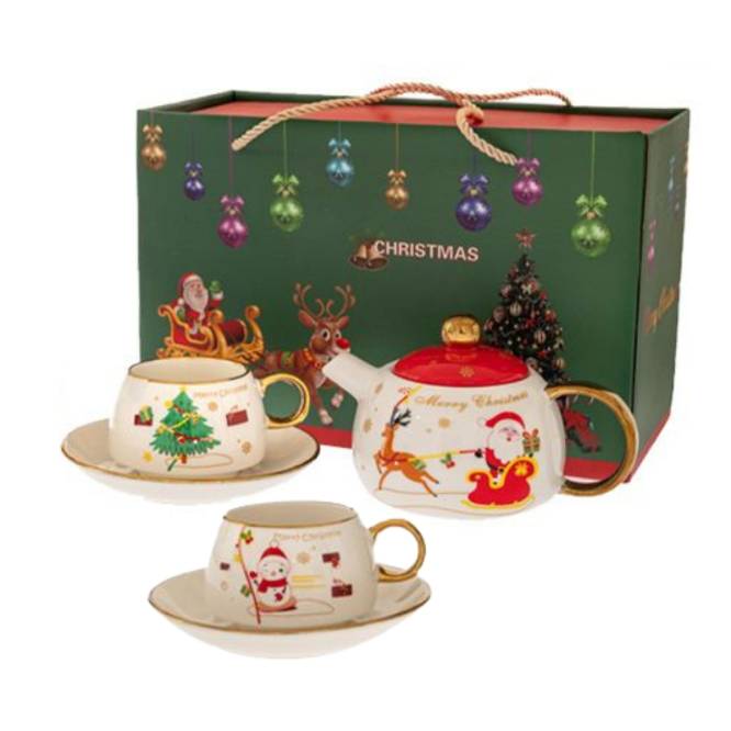 Set ceainic cu 2 cani decorative de Craciun in cutie cadou 28 x 14 x 18 cm