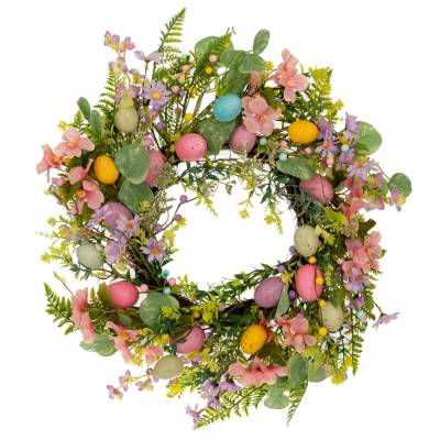 Decoratiune Pasti coronita cu oua si flori multicolore, 55 cm