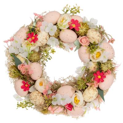 Decoratiune Pasti coronita cu oua roz si flori multicolore, 30 cm