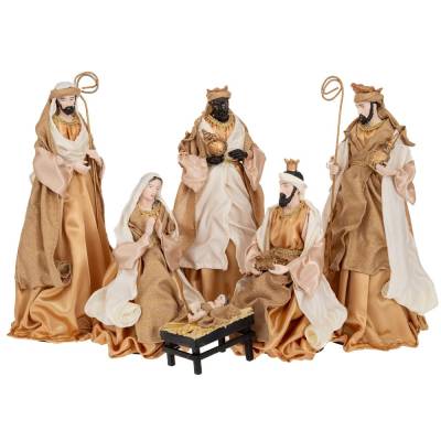 Set 6 figurine, scena Nasterii Domnului, material textil si polirasina, 13-42 cm