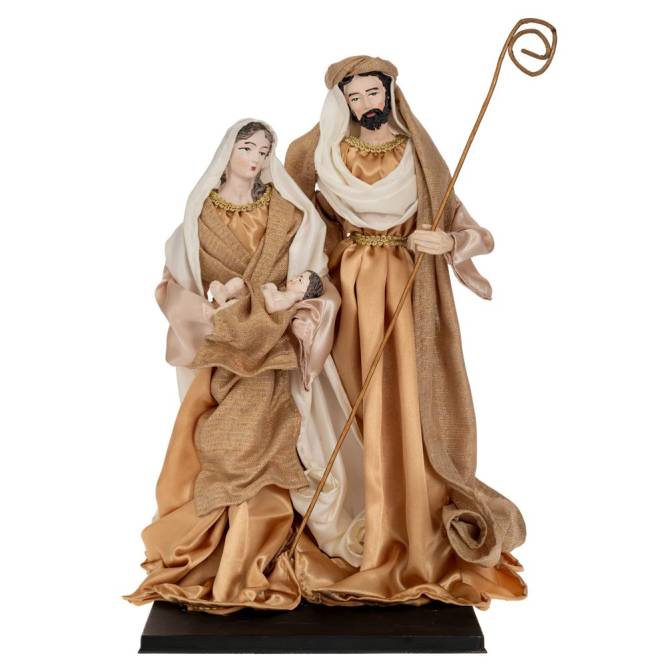Ansamblu 3 figurine, scena Nasterii Domnului, material textil, crem-auriu, 30 cm