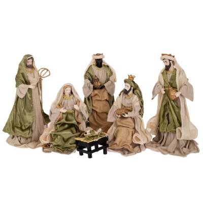 Set 6 figurine, scena Nasterii Domnului, material textil si polirasina, 9-30 cm