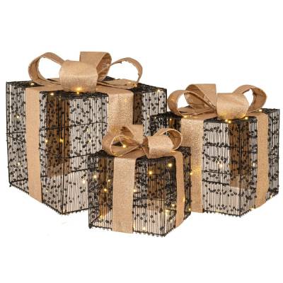 Decoratiune Craciun set 3 cutii de cadou, iluminate cu leduri, 15/20/25 cm