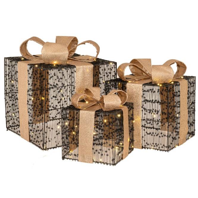 Decoratiune Craciun set 3 cutii de cadou, iluminate cu leduri, 15/20/25 cm