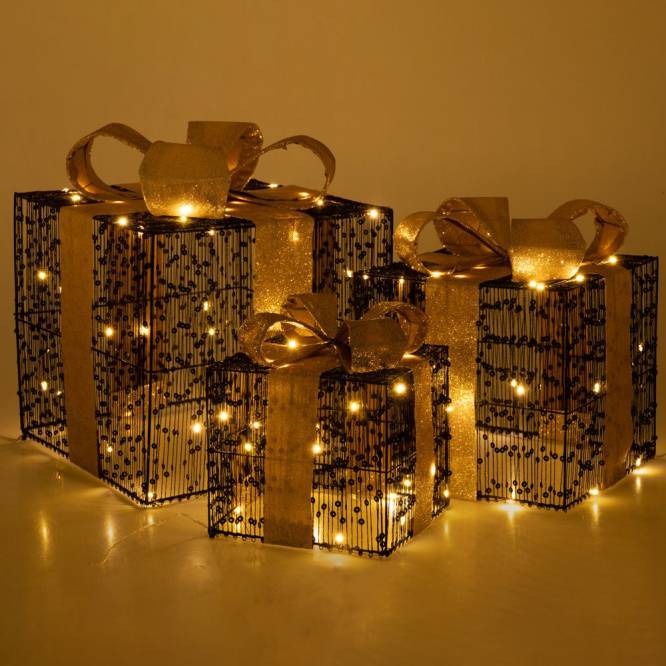 Decoratiune Craciun set 3 cutii de cadou, iluminate cu leduri, 15/20/25 cm