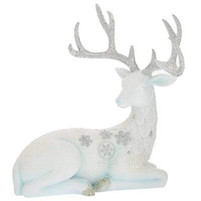 Decoratiune Craciun cerb alb culcat, polirasina, 21 cm