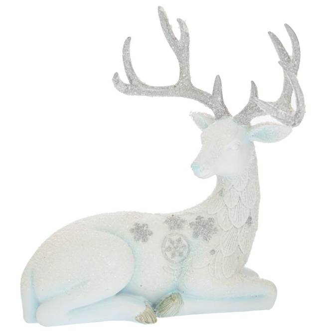 Decoratiune Craciun cerb alb culcat, polirasina, 21 cm