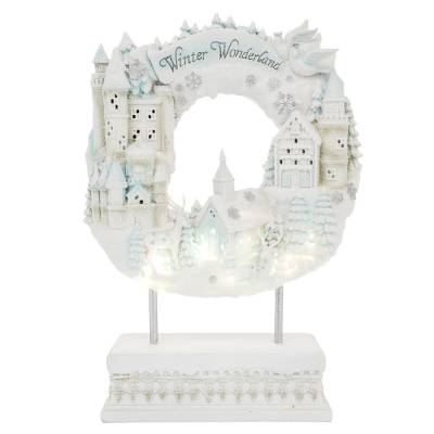 Decoratiune Craciun luminoasa, coronita alba cu decor de iarna, polirasina, 48 cm