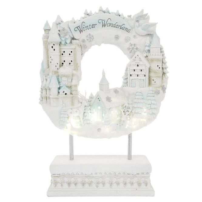 Decoratiune Craciun luminoasa, coronita alba cu decor de iarna, polirasina, 48 cm