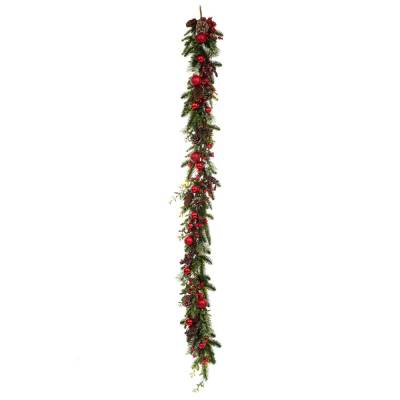 Ghirlanda brad artificial cu conuri, globuri si merisoare rosii, 180 cm