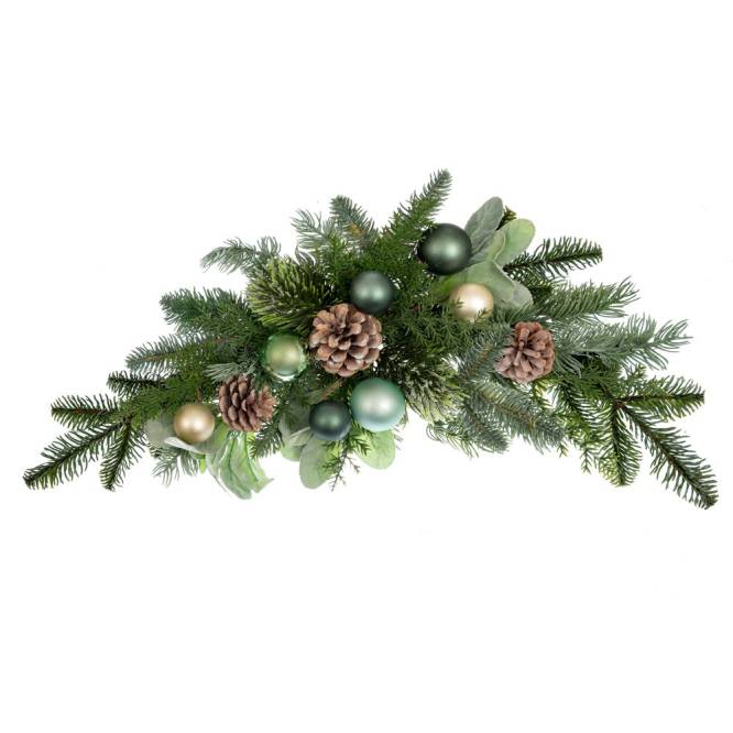 Decoratiune Craciun de atarnat din crengute, cu conuri si globuri verzi, maro si crem, 66 cm